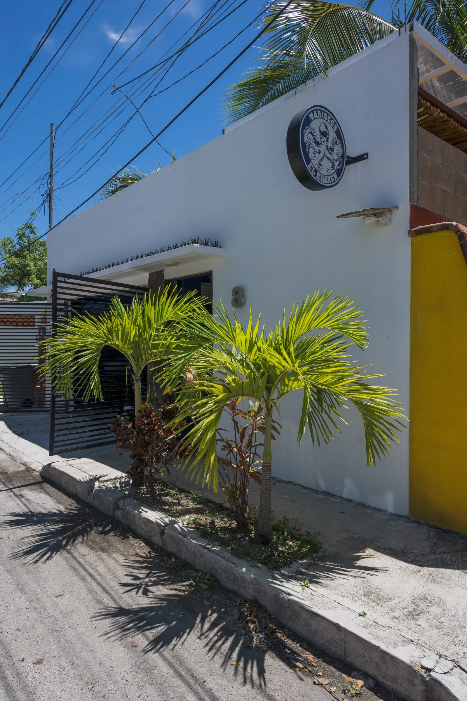 Fachada blanca de restaurante con logo y palmeras, fachada clara y reconocible para ficha de Google Business Profile