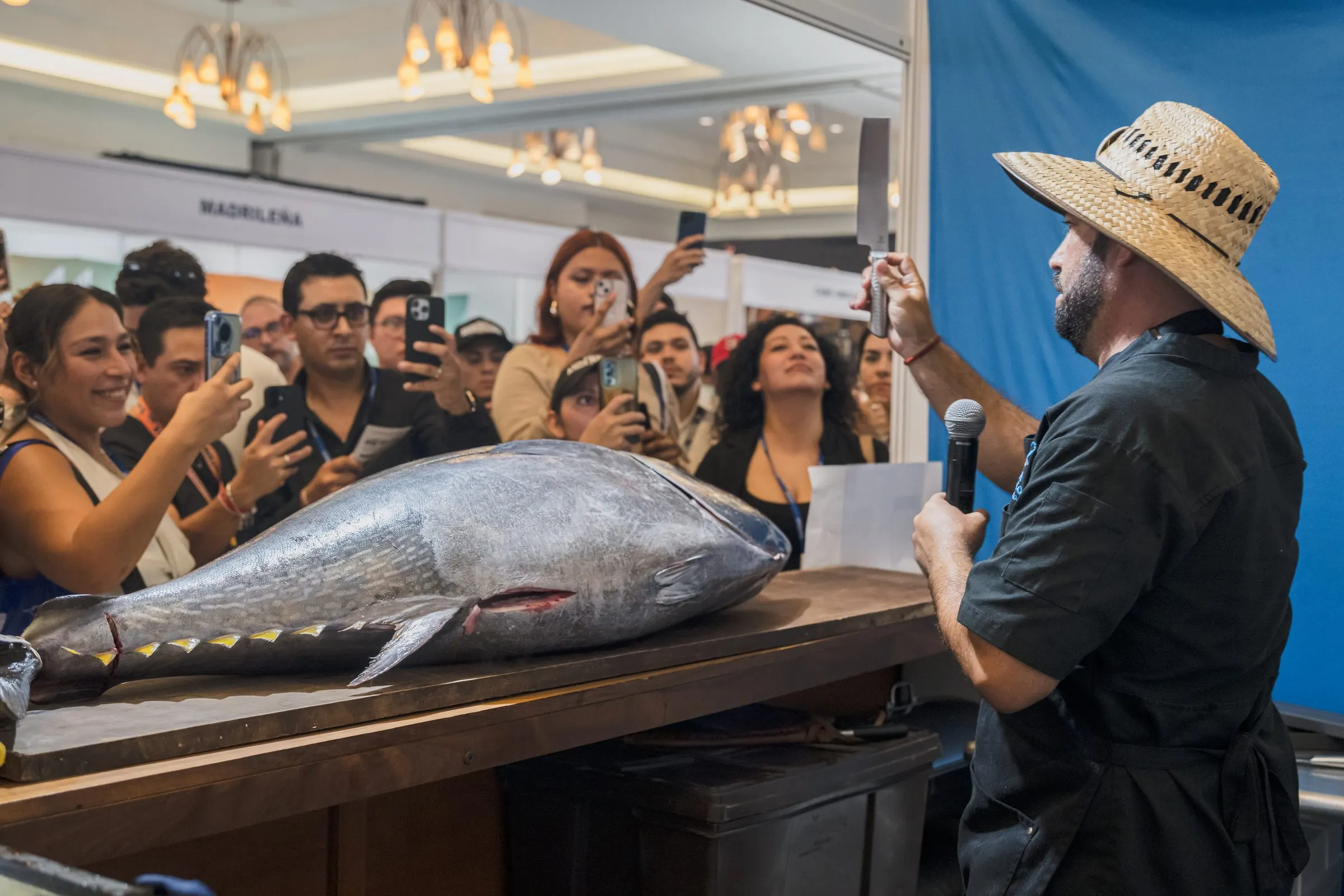 Chef presentando un pescado entero a los visitantes, momento destacado de Expo LIVEK