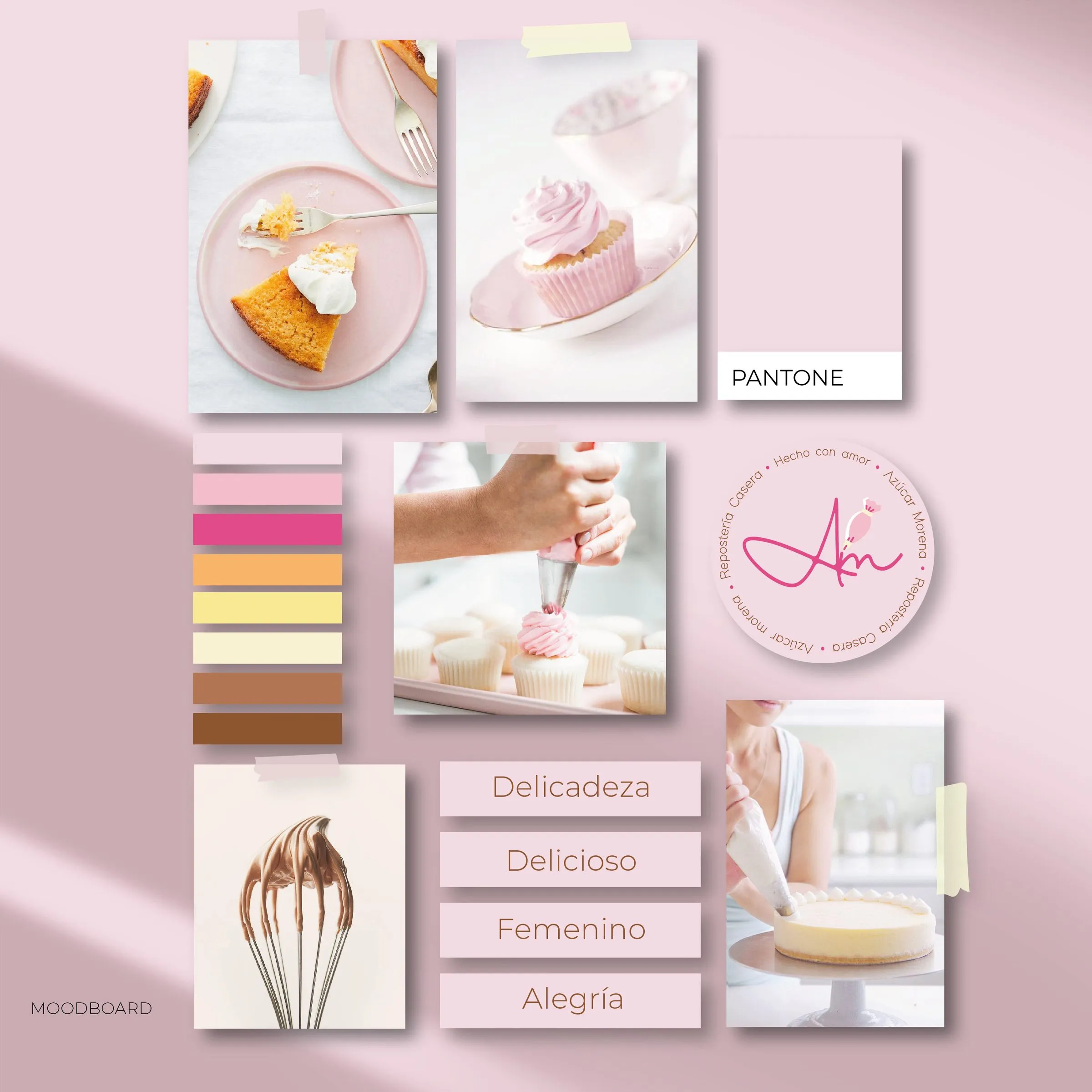 Moodboard de marca con muestras Pantone y códigos de color definidos con precisión
