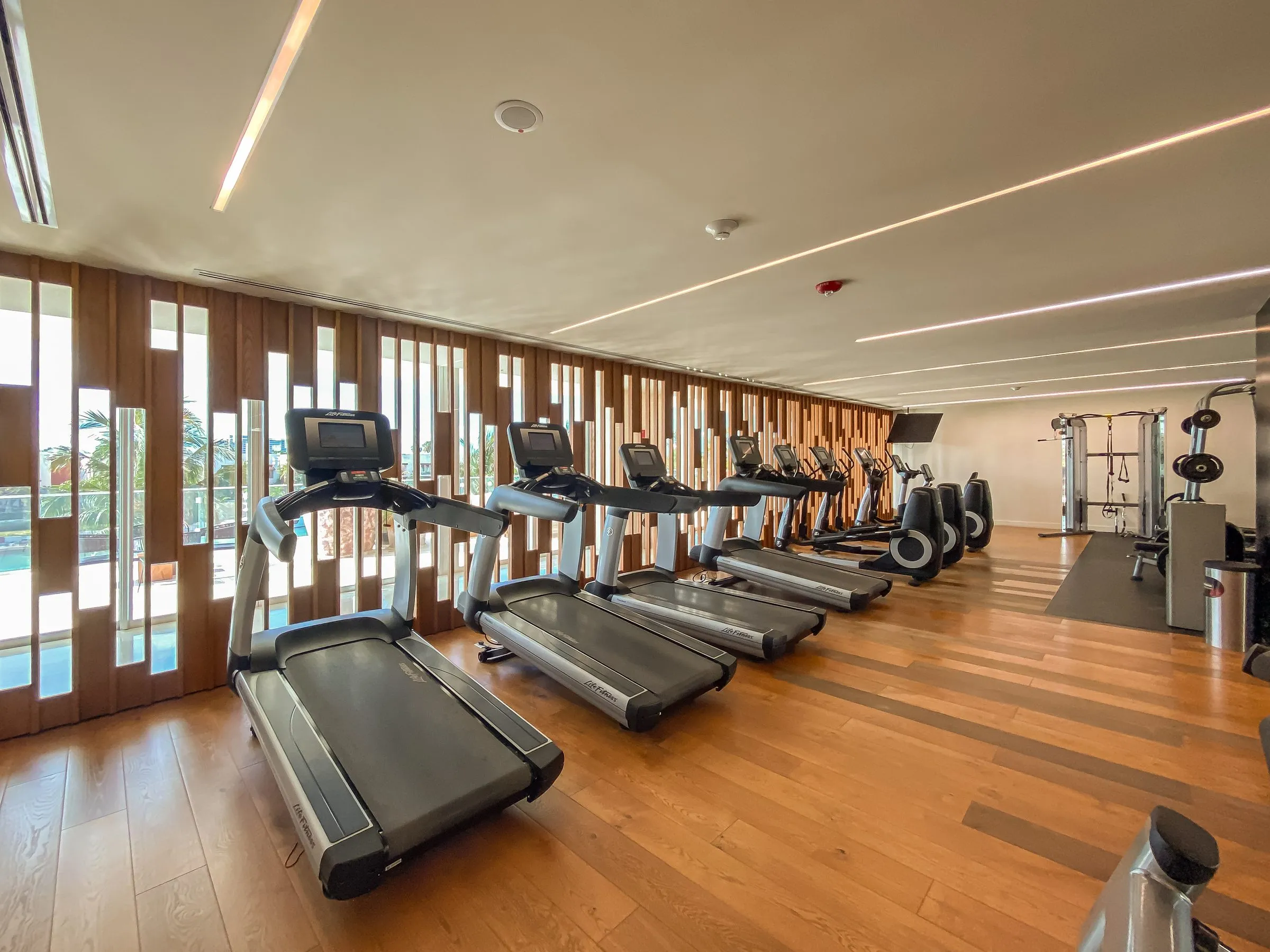 Empty hotel gym with a full row of treadmills, public space photographed during a low-occupancy window