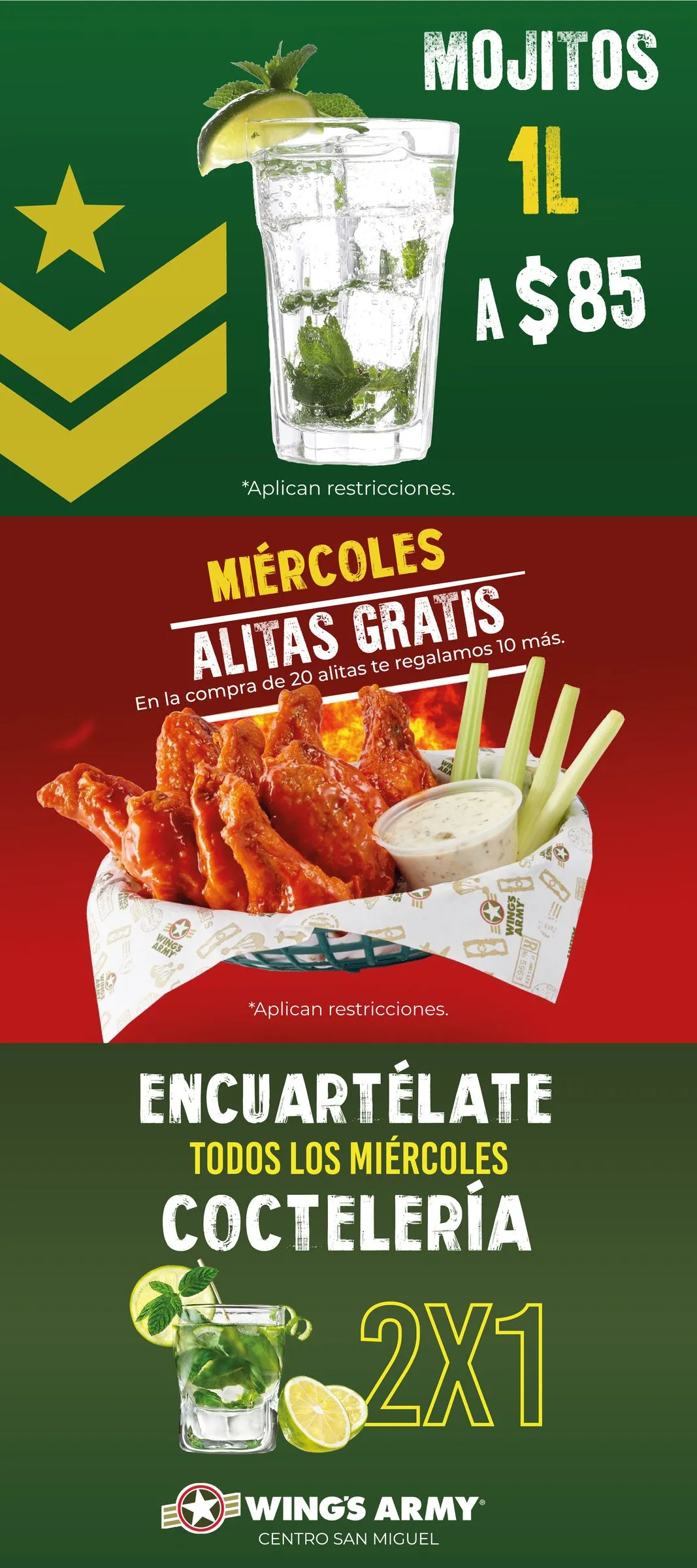 Flyer promocional de Wings Army con la identidad de marca y el nombre de la sucursal, consistente entre ubicaciones