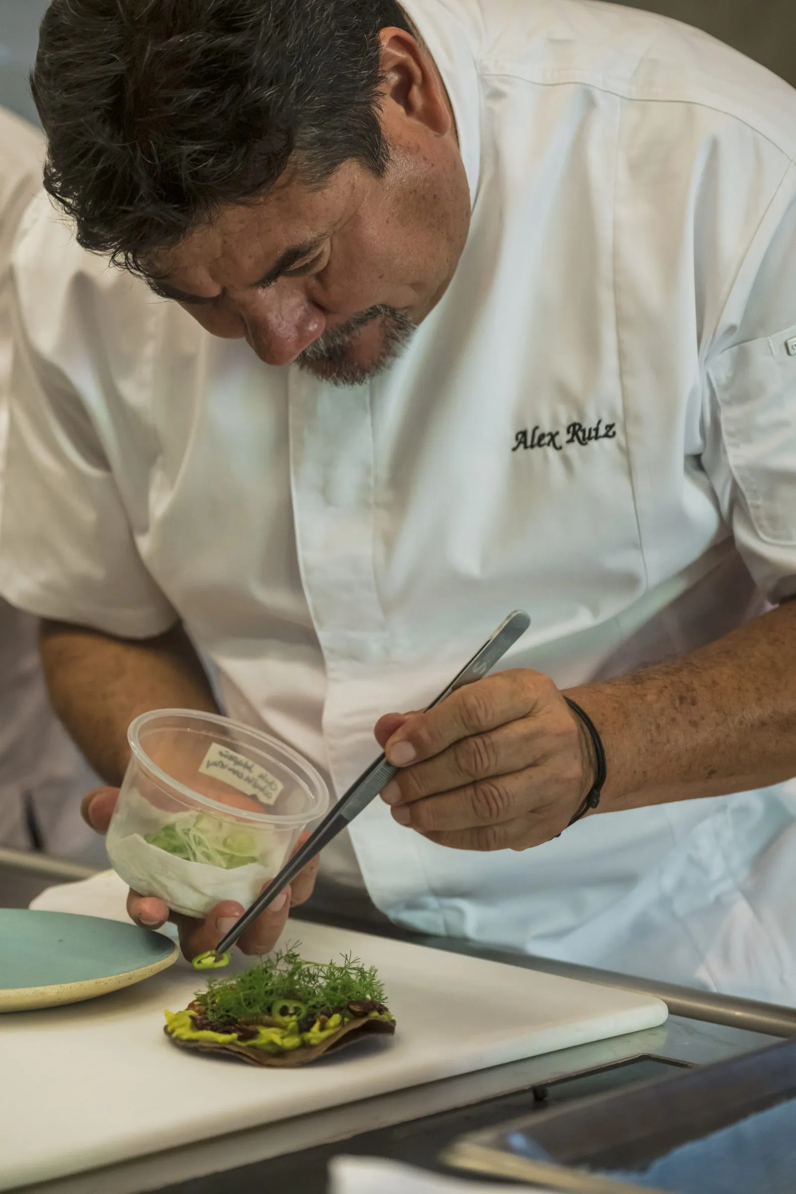 Chef emplatando un platillo en su cocina, foto de confianza para redes y sitio