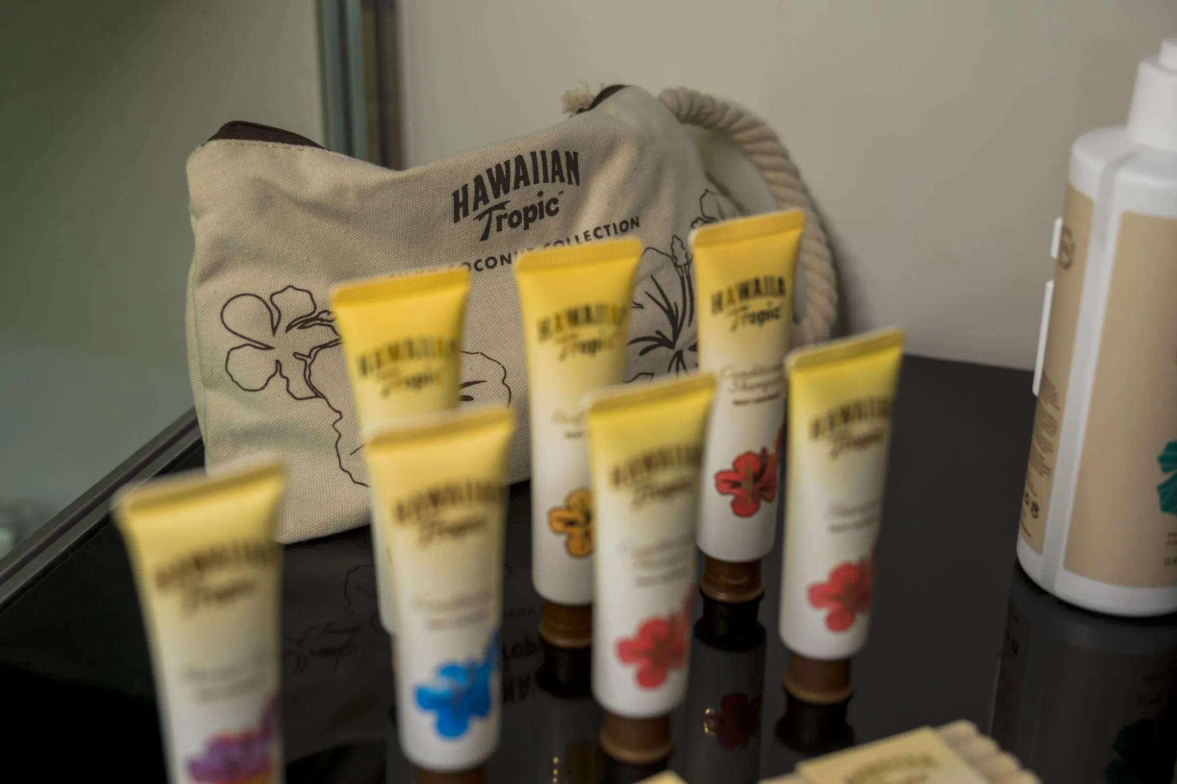 Línea de amenities de viaje con empaque de marca, catálogo de producto B2B fotografiado con consistencia