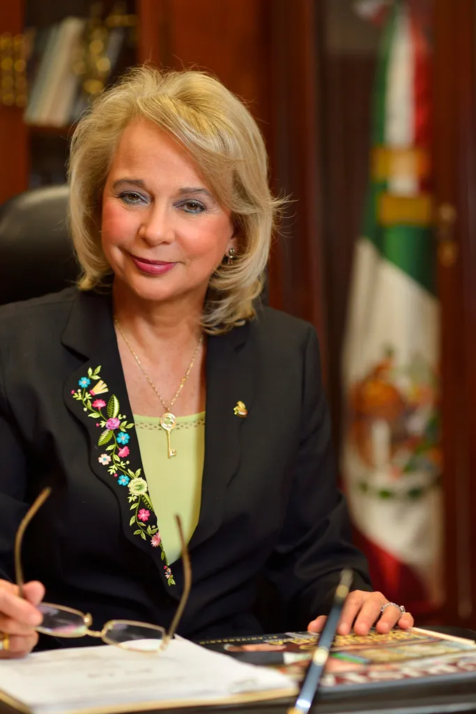 Retrato corporativo de una directiva en su despacho, con libros y bandera al fondo