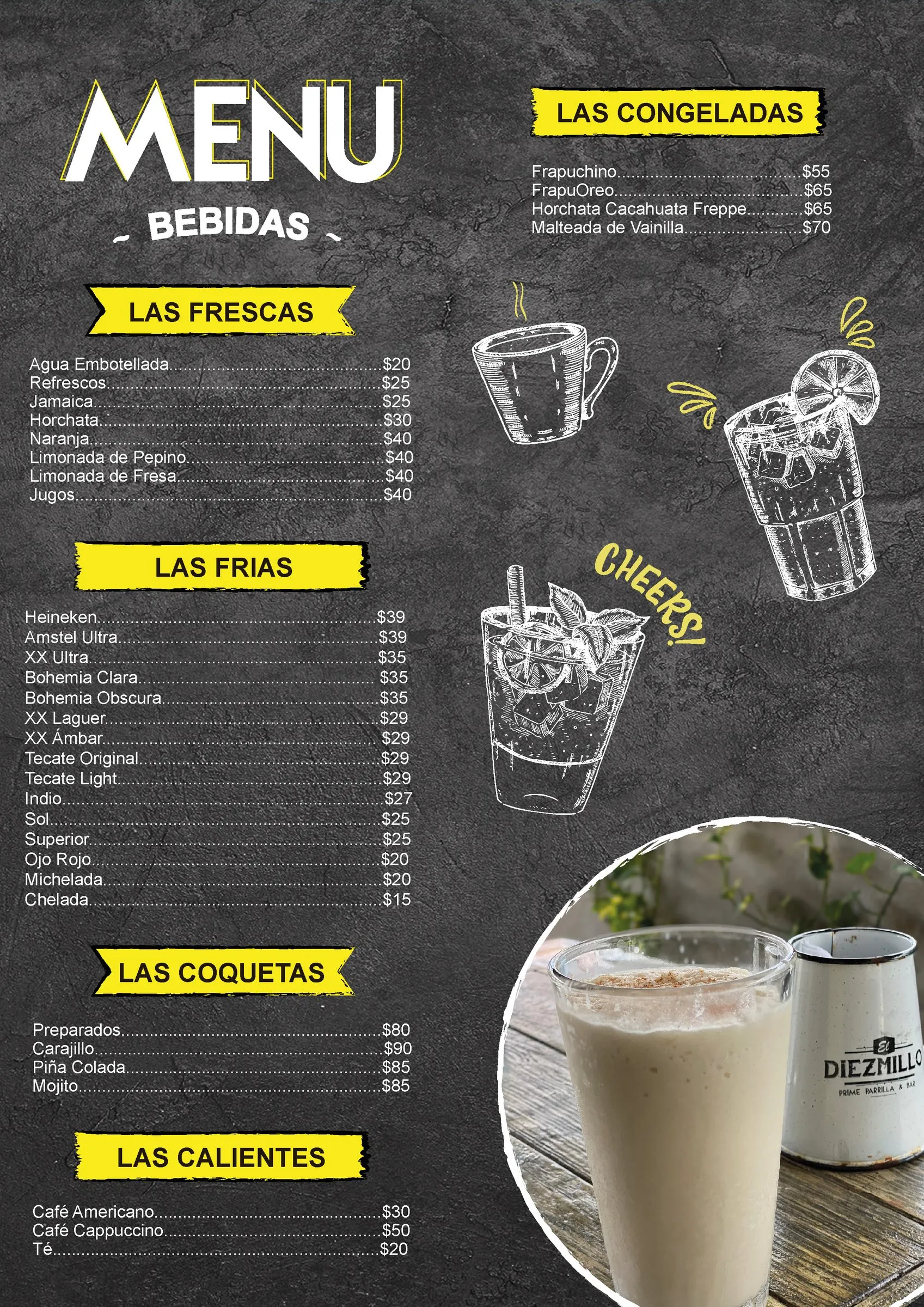 Drinks menu page listing prices for fresh beverages, beers, and cocktails, with hand drawn glass illustrations and a photo of a creamy drink in a tall glass.