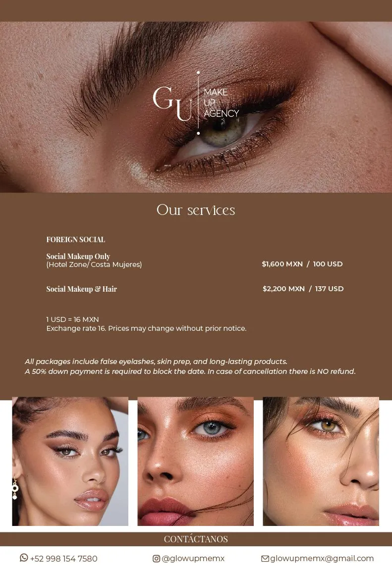 Folleto en inglés de precios de maquillaje social para clientas extranjeras, con macro de maquillaje de ojos en tono cobrizo y tres fotos de acabados de maquillaje en la franja inferior.