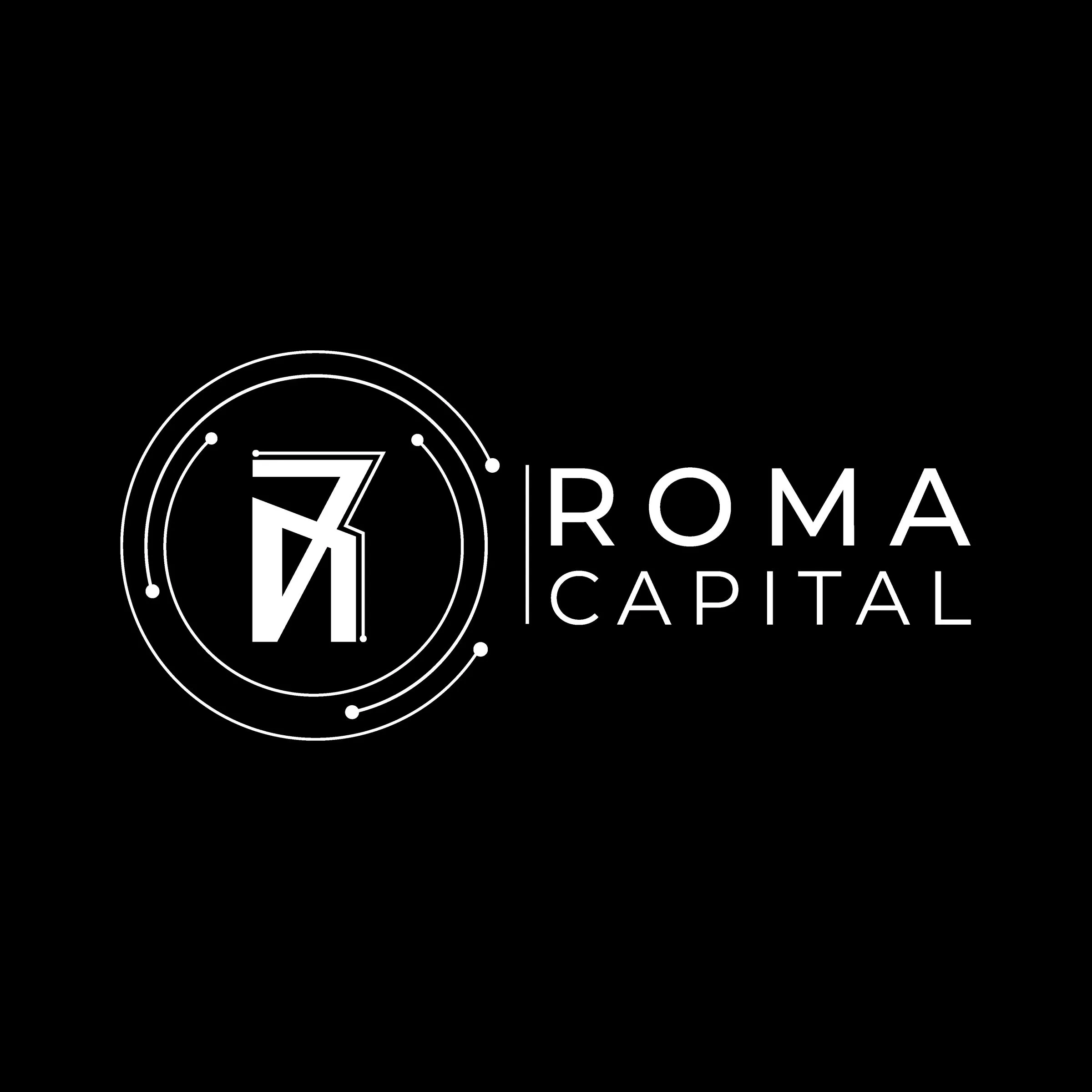 Roma Capital logo in white, the circular icon paired with the wordmark, on a black background.