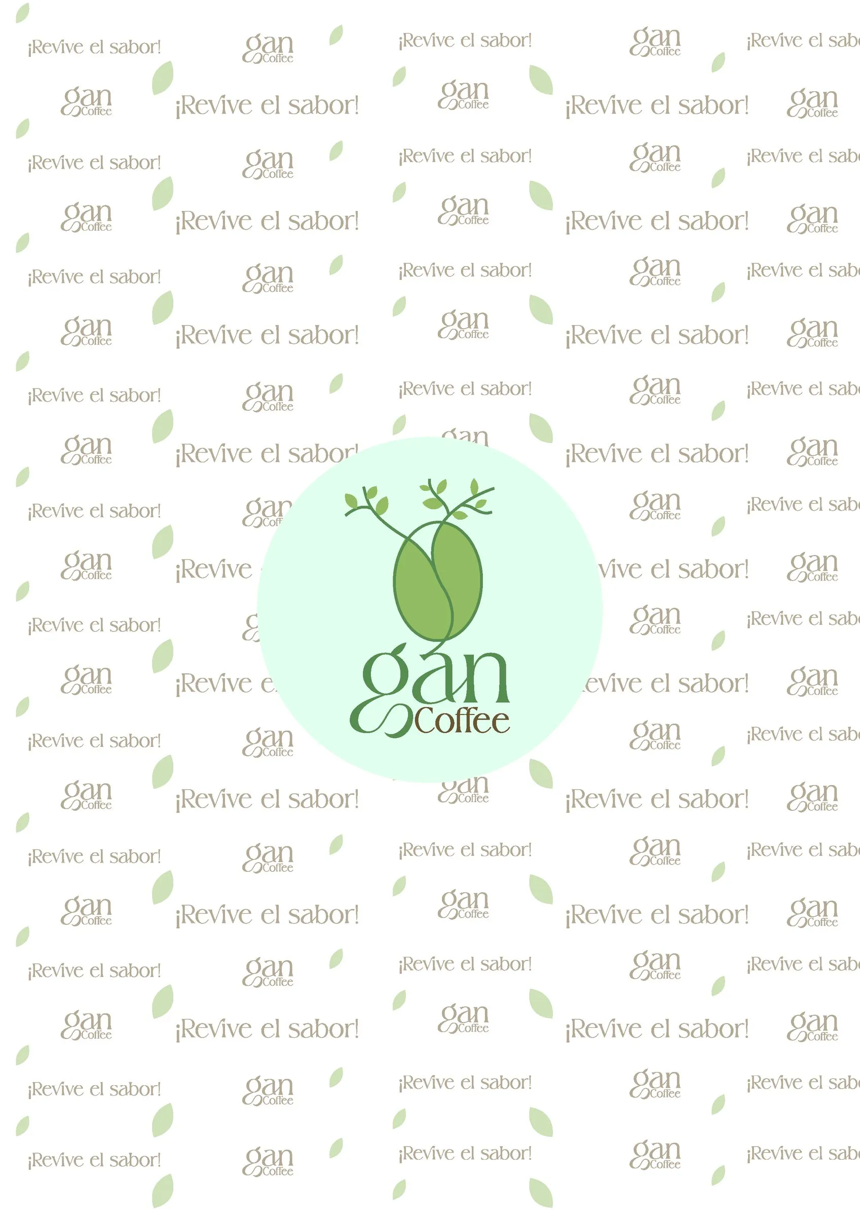 Patrón repetido en tono crema con el texto ¡Revive el sabor! y el logotipo de Gan Coffee alternados, centrado en un círculo verde menta con el logo completo.