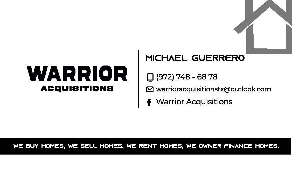 Diseño de tarjeta de presentación de Warrior Acquisitions, con el logotipo, los datos de contacto de un agente y una leyenda sobre compra, venta, renta y financiamiento directo de casas.