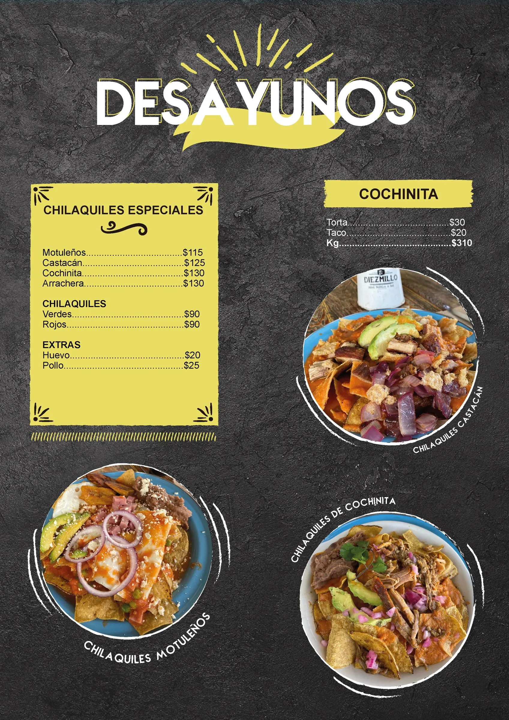 Breakfast menu page with a chilaquiles specials list and three photos of chilaquiles dishes on blue plates, topped with avocado, red onion, and pulled pork.