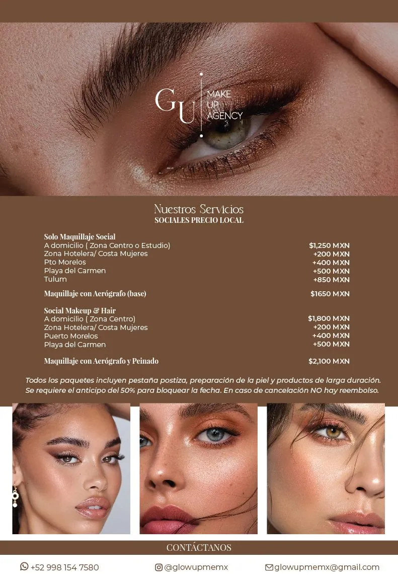 Folleto en español de precios de maquillaje social para clientas locales, con la misma macro de maquillaje de ojos cobrizo y tres fotos de acabados de maquillaje abajo.