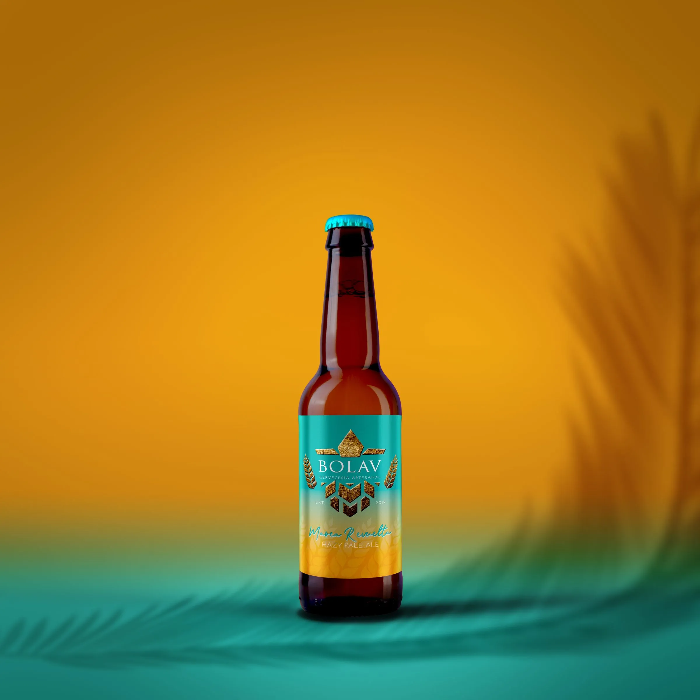 Bottle of Marea Revuelta Hazy Pale Ale beer with a turquoise label, set against a background gradient shifting from orange to teal