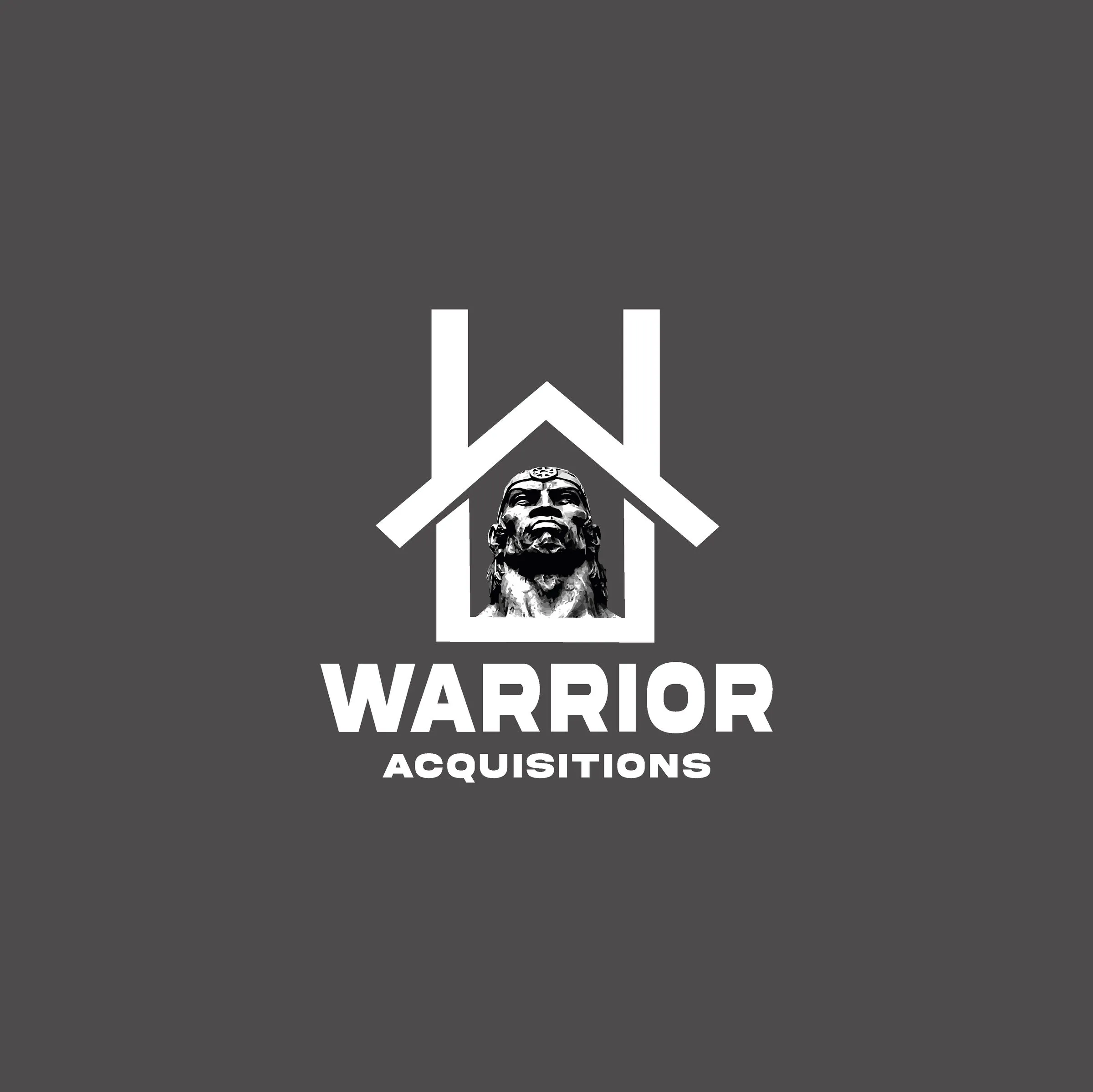 Logotipo de Warrior Acquisitions en blanco sobre un fondo gris oscuro, con la casa estilizada en forma de W y el busto del guerrero.