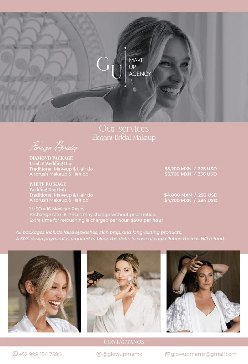 Folleto en inglés de precios de maquillaje para novias extranjeras, con foto en blanco y negro de una preparación de novia y tres fotos del proceso de maquillaje y peinado.