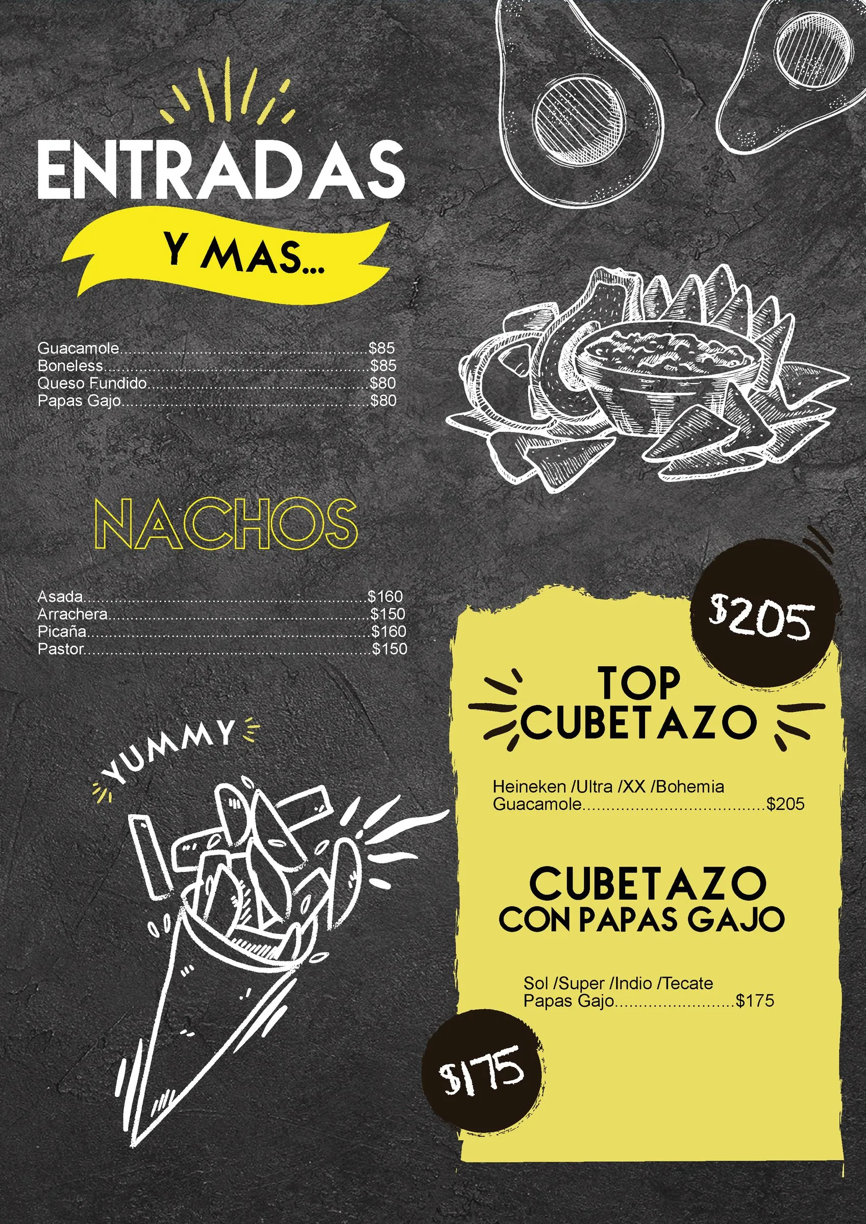Appetizers page with prices for guacamole, boneless wings, and nachos, illustrations of avocados and tortilla chips, and beer bucket combo promotions.
