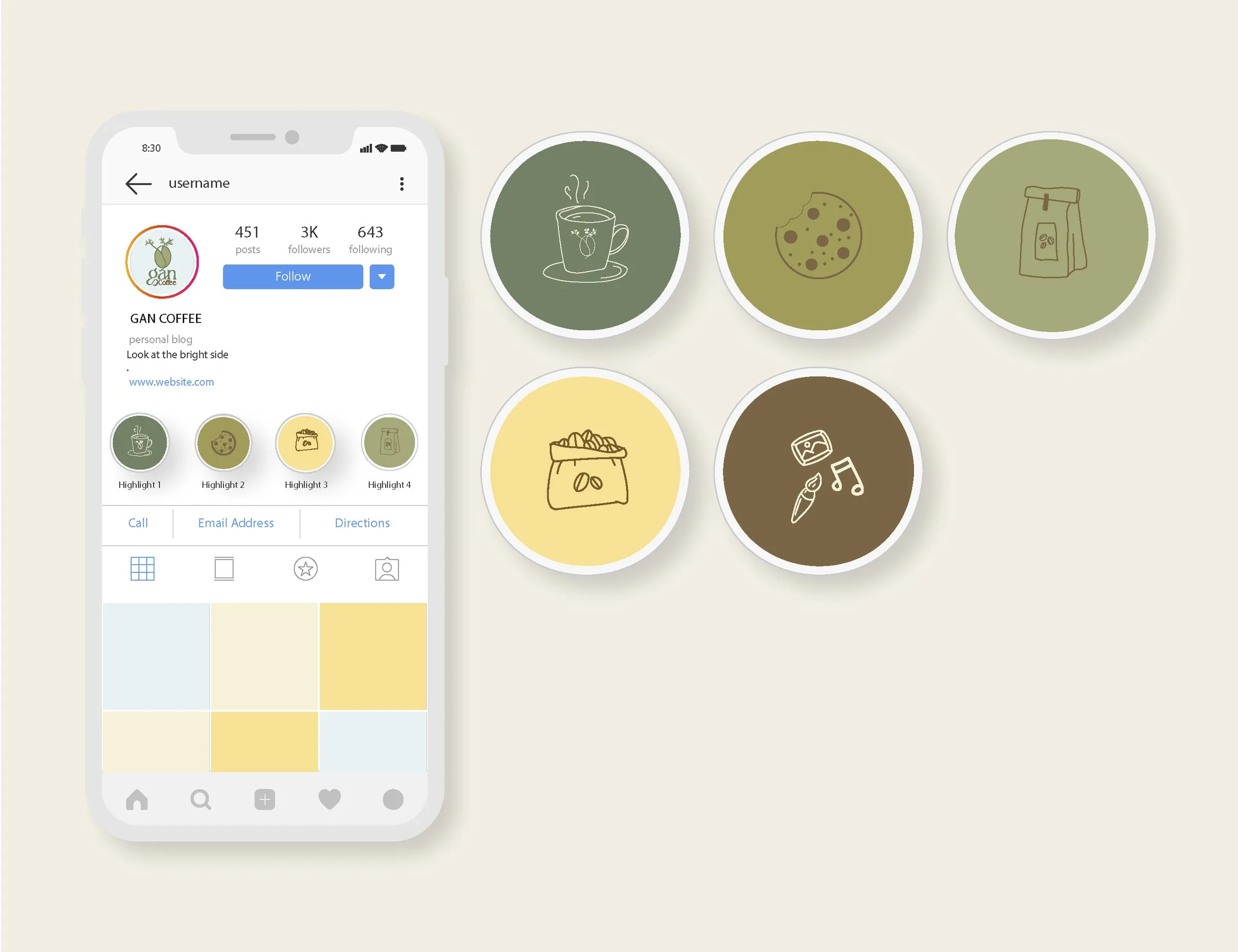 Simulación de perfil de Instagram de Gan Coffee en un celular, con contador de seguidores, círculos de historias destacadas y una cuadrícula de miniaturas, junto a cinco íconos circulares de taza, galleta y bolsa de café.