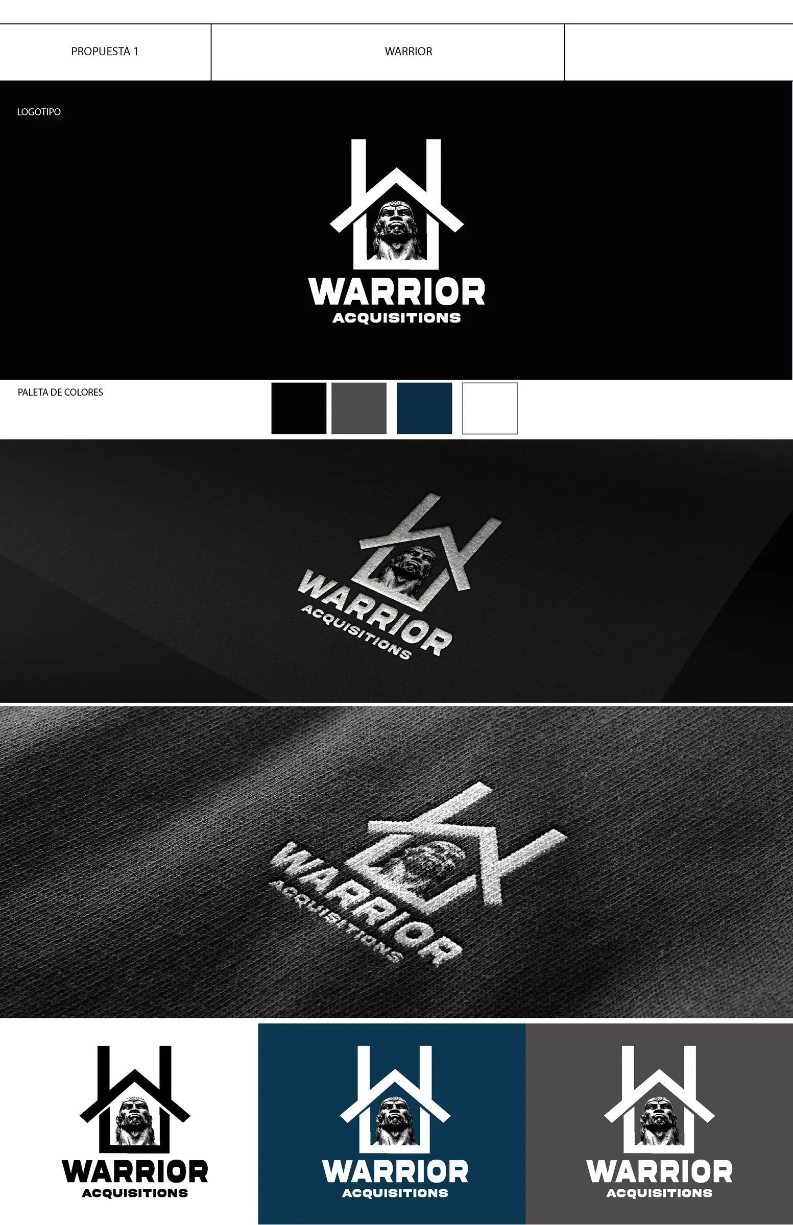 Brand board completo de Warrior Acquisitions con el logotipo, la paleta en negro, gris, azul marino y blanco, mockups del logo en papel y tela, y sus variaciones de color.