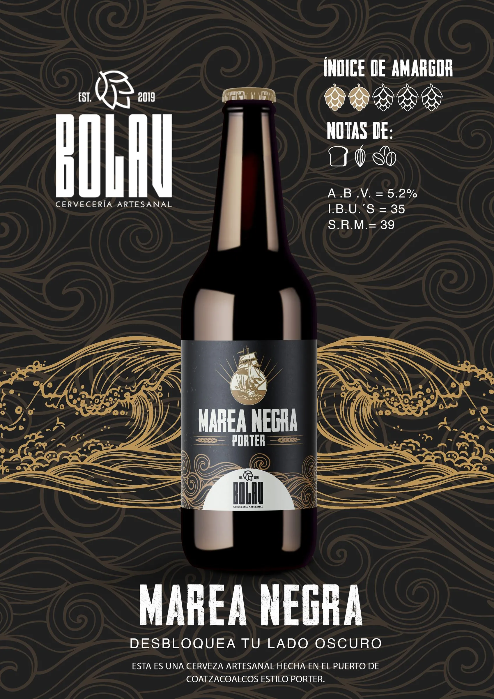 Botella de Bolav Marea Negra con etiqueta y sistema de marca completos, producto fotografiado respetando la paleta desde el diseño