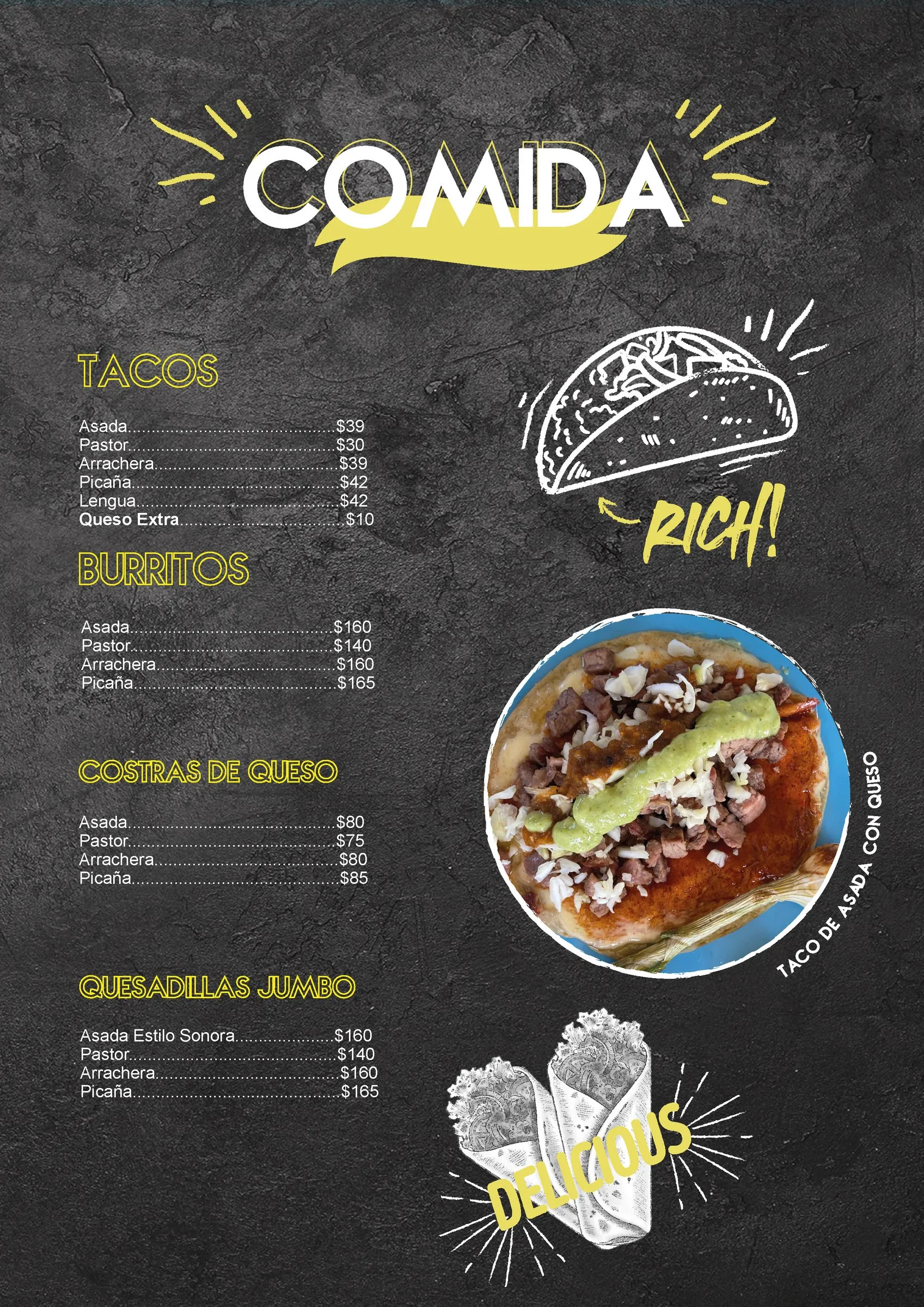 Main dishes page with taco, burrito, and quesadilla price lists, plus a photo of a grilled beef taco topped with melted cheese, cabbage, and salsas on a blue plate.