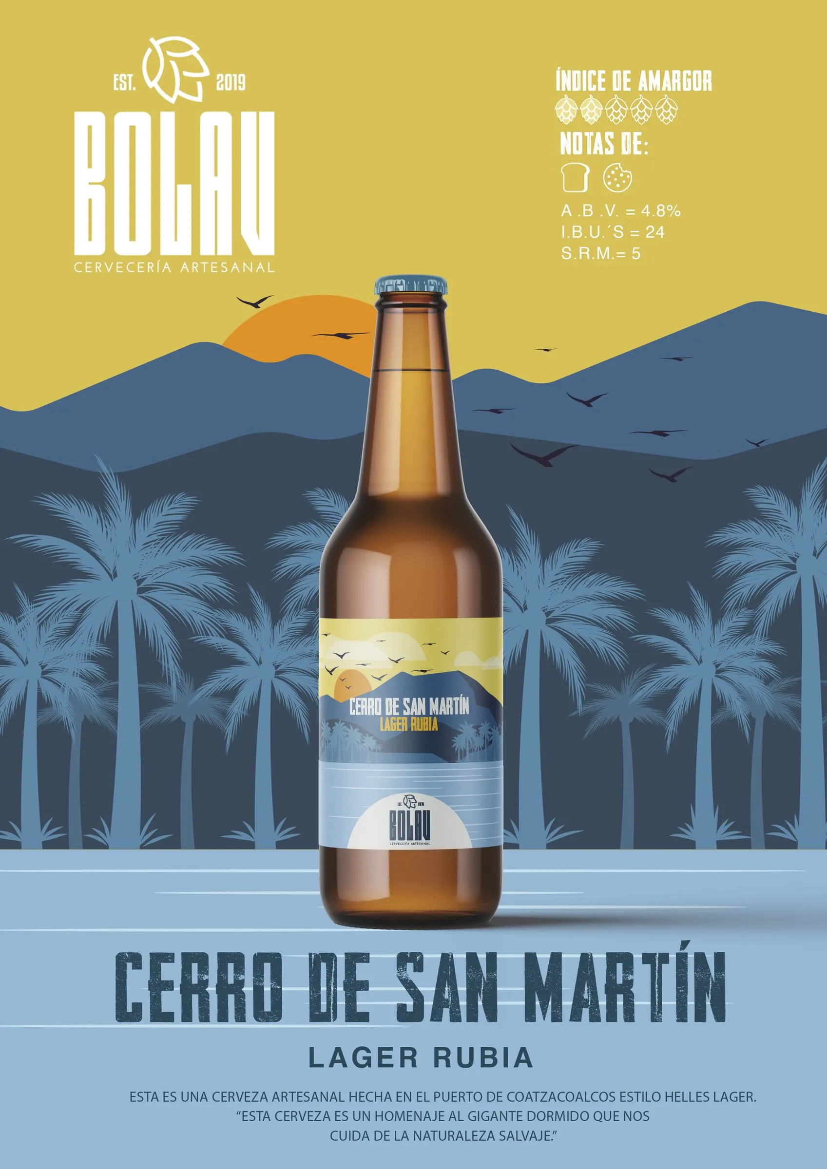 Product spec sheet for Cerro de San Martín Lager Rubia beer, with the bottle set against an illustrated sunset scene of mountains and palm trees
