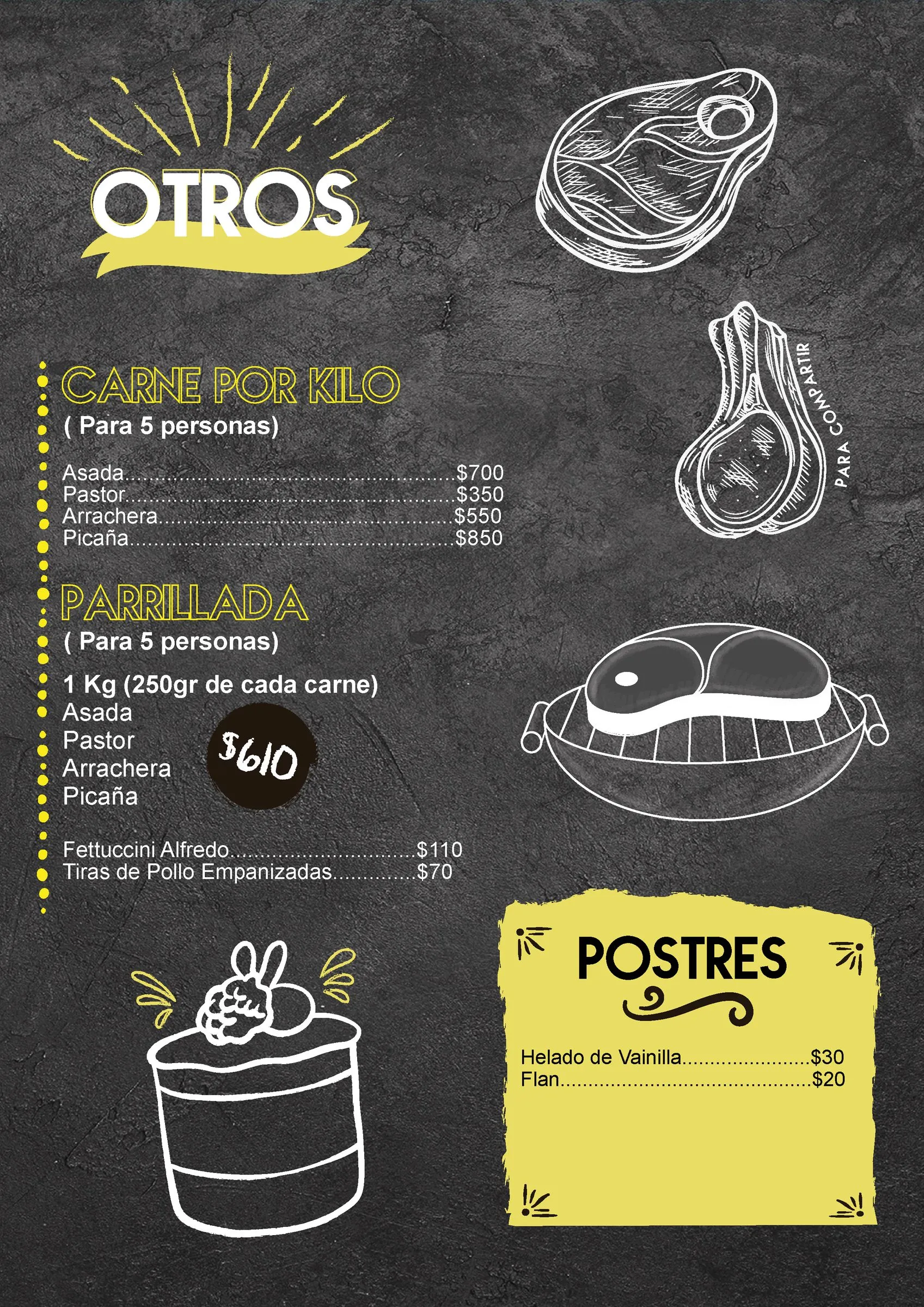 Meat by the kilo and grill platter page with illustrations of a cut of steak, avocados, and a grill, plus dessert prices for flan and vanilla ice cream.