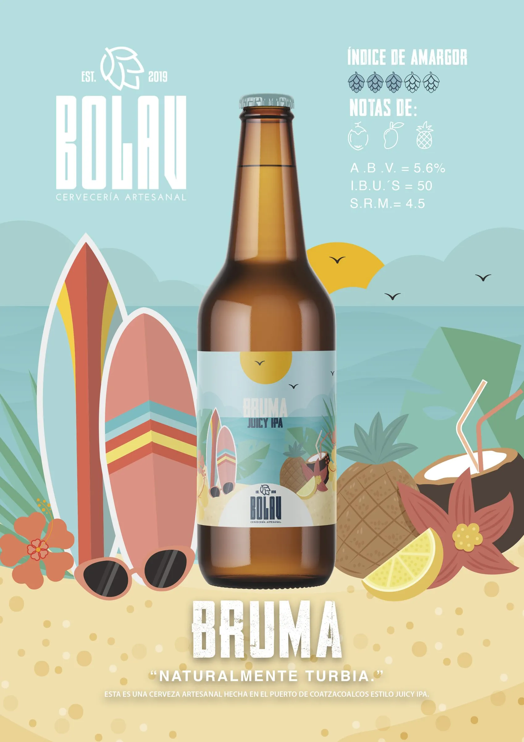 Product spec sheet for Bruma Juicy IPA beer, with the bottle surrounded by illustrated surfboards, sunglasses, and tropical fruit