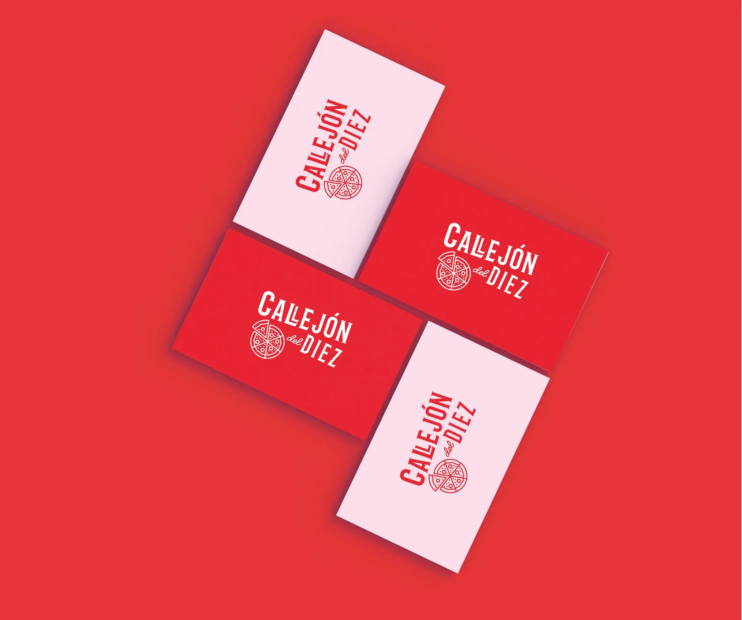 Four Callejón del Diez business cards in pink and red, arranged diagonally against a red background