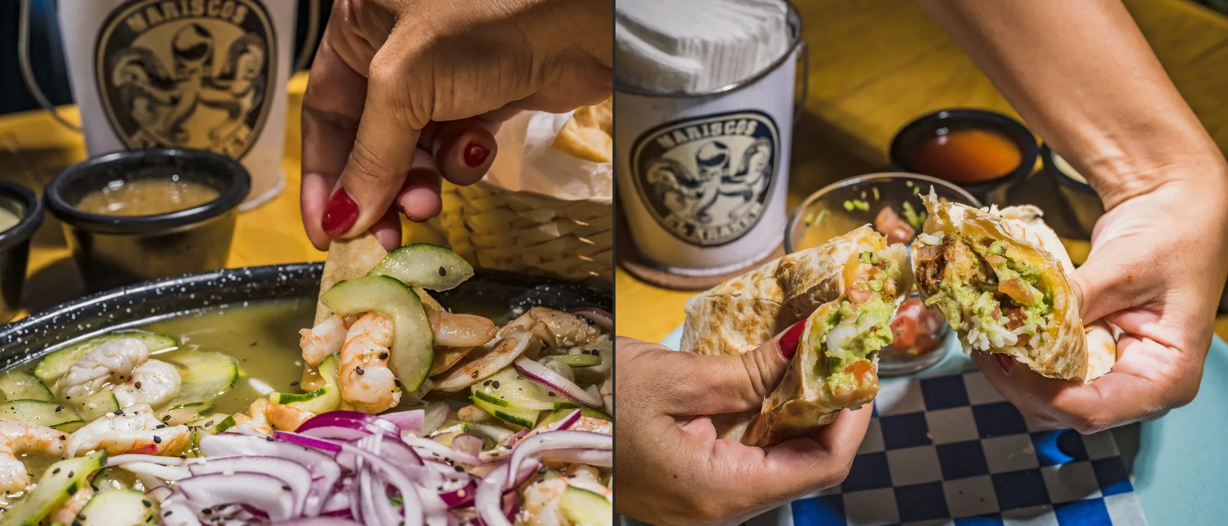 Díptico de dos frames de video: un ceviche de camarón serviéndose y un burrito recién abierto mostrando el relleno, ejemplo de reel gastronómico en Cancún