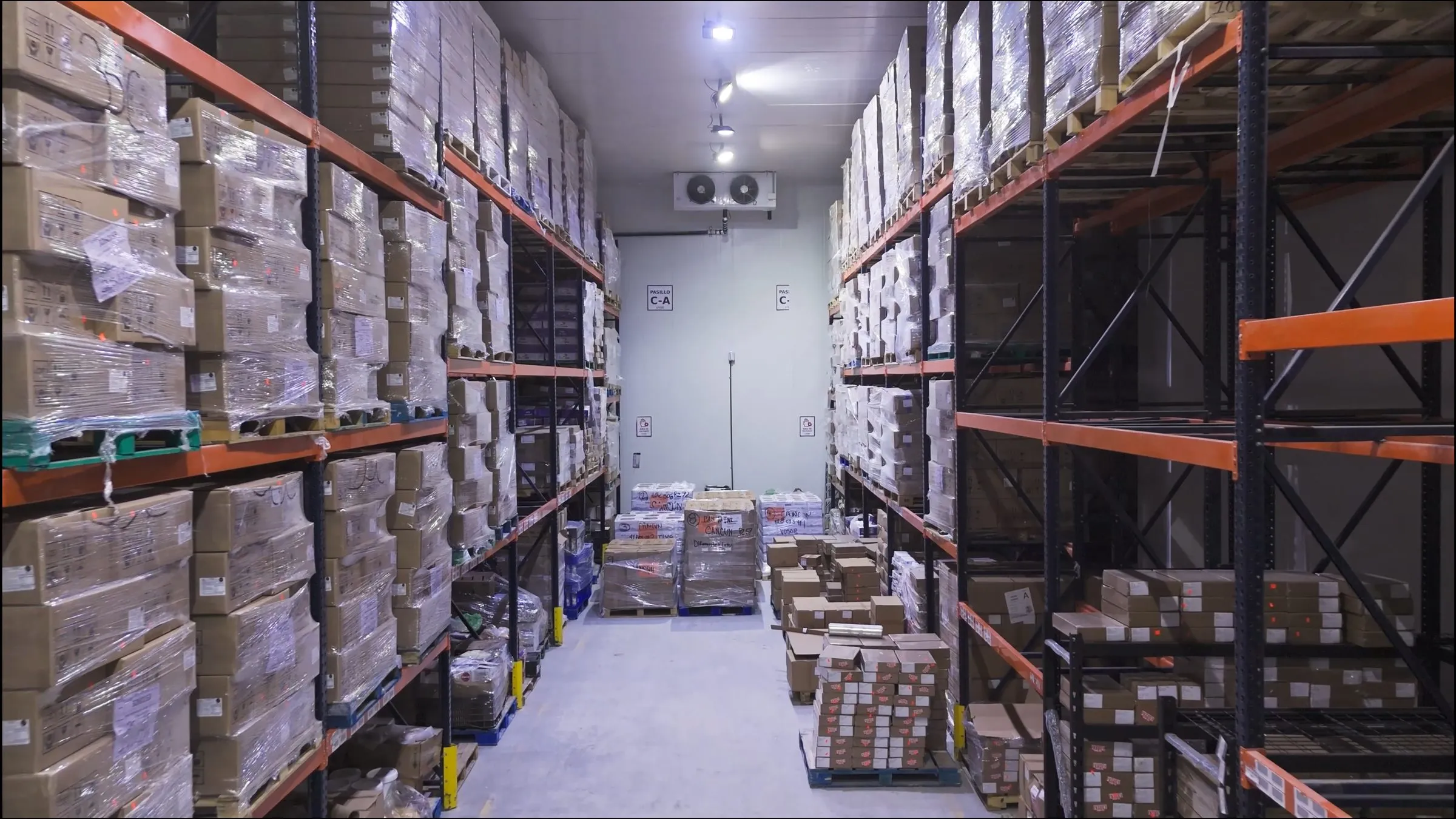 Pasillo de bodega fría con racks industriales de piso a techo, escala de una planta industrial en Cancún o el sureste