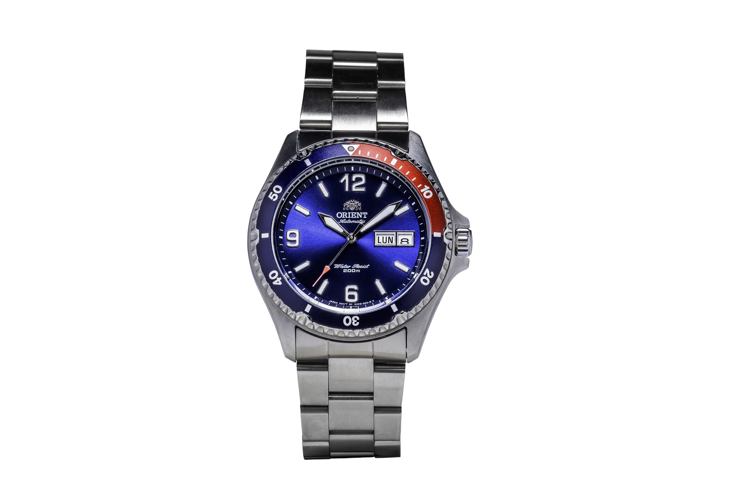 Orient Automatic watch with a blue dial photographed straight on against a white studio background, showing its red-and-blue bezel.