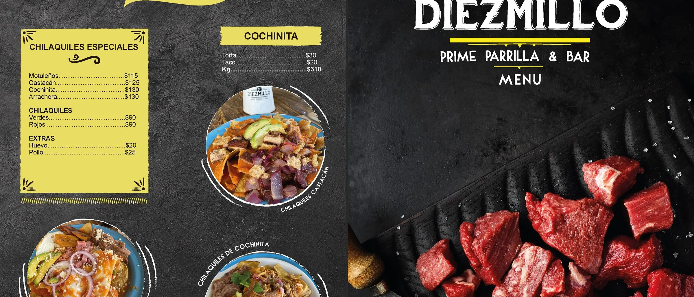 Díptico de dos páginas del menú de El Diezmillo Prime Parrilla & Bar: la portada con la marca y un platillo de desayuno fotografiado, jerarquía de lectura clara con fotografía de producto real