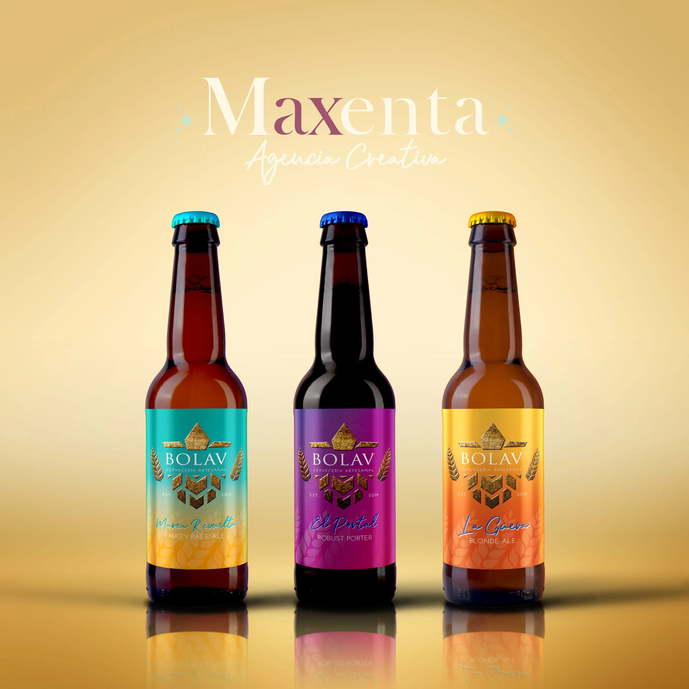 Tres cervezas Bolav de distintas variedades formadas en línea, marca y fotografía de producto trabajadas juntas